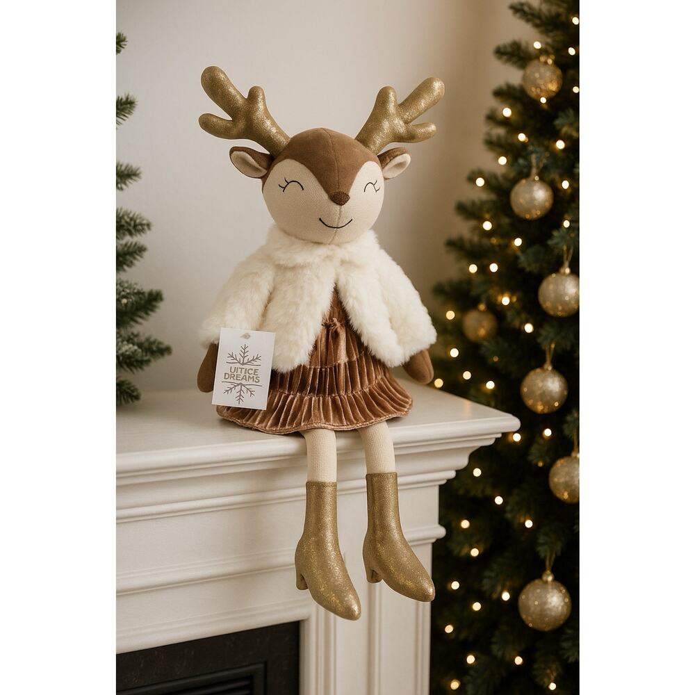 Winter Dreams Plush Reindeer Girl Doll Gold Boots Faux Fur Coat Holiday Decor